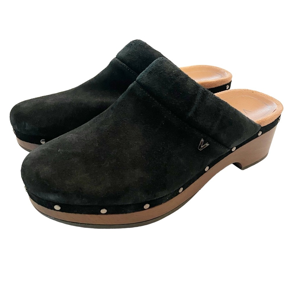 Vionic Size 7 Kacie Wood Clog Women Black Suede Slip On Round Toe